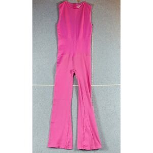 OQQ Jumpsuit XL Pink Sleeveless Ribbed Knit Bell Bottom Back‎ Zip Yoga Hot Pink